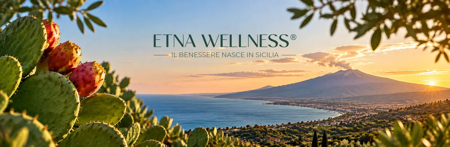 Logo Etna Wellness sul panorama dell'Etna e della costa siciliana
