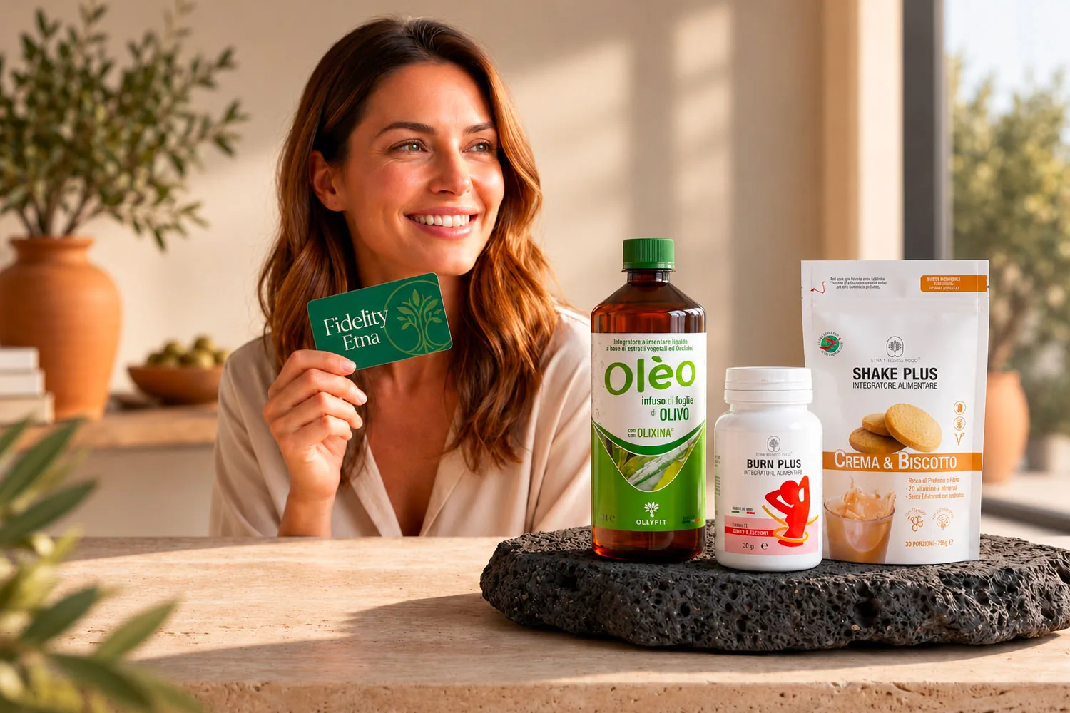 Donna con la carta Fidelity Etna accanto ai prodotti Olèo, Burn Plus e Shake Plus