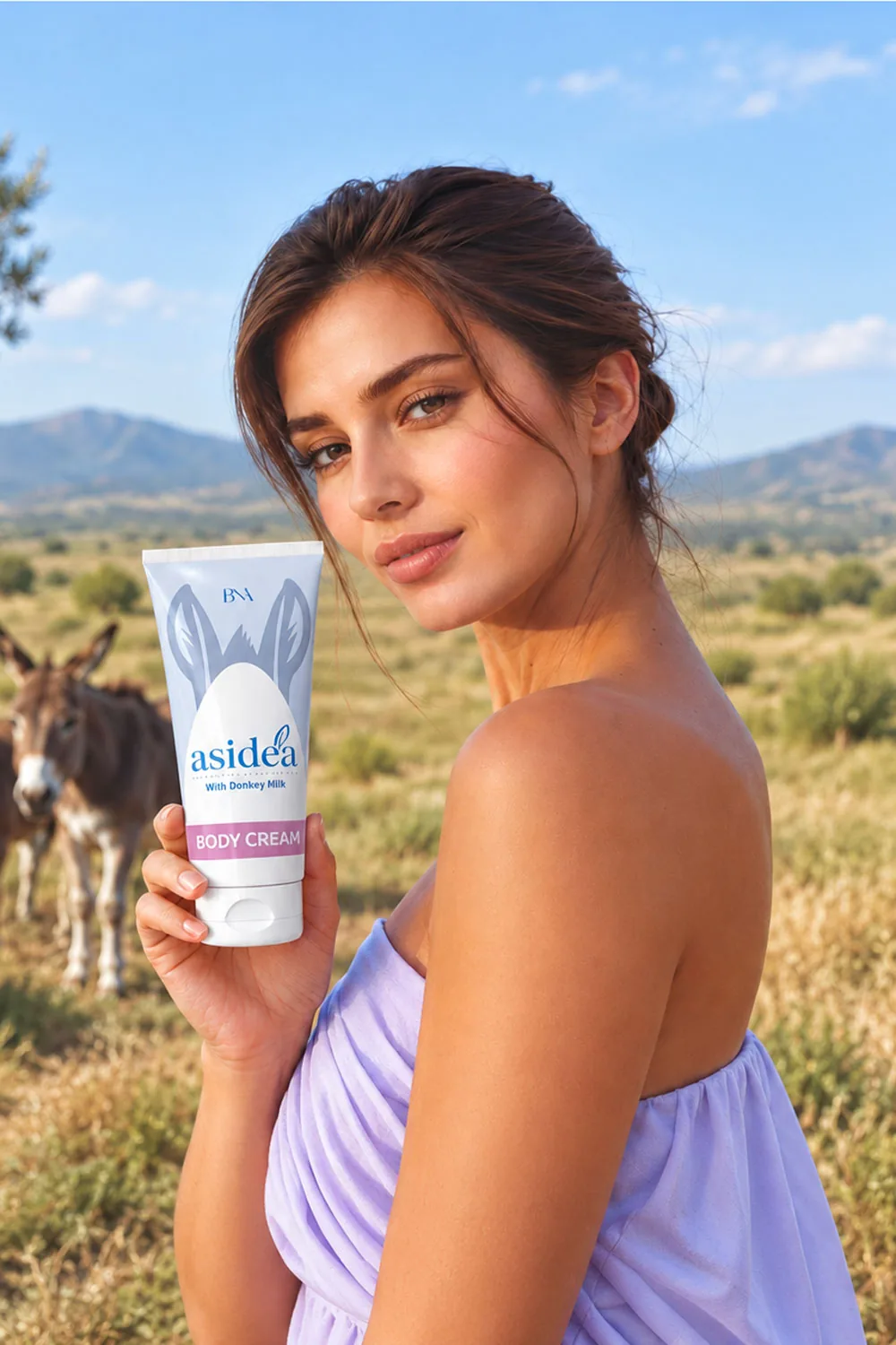 Donna che tiene in mano un tubetto di crema corpo in campagna, con un asino sullo sfondo